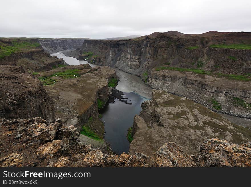 Hafragilsfoss waterfall in Iceland. The waterfall flows downstream from Dettifoss within the depths of the Jökulságljúfur canyon