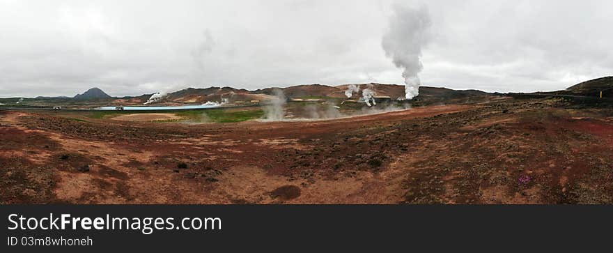 Panoramic View Of Geysir Area On Iceland