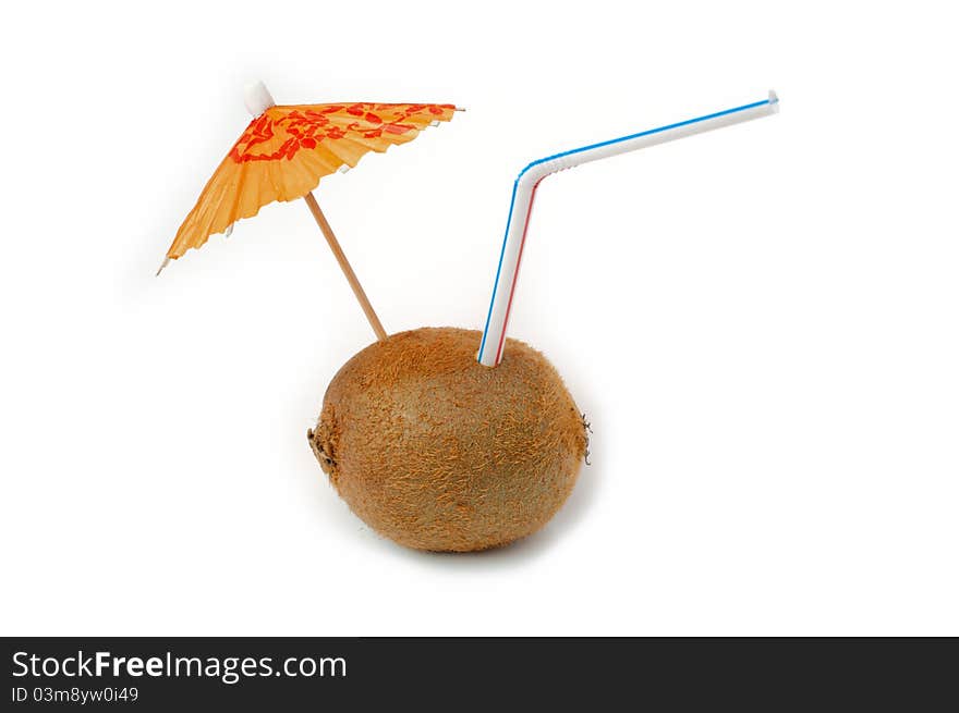 Cocktail with kiwi with straw and umbrella on a white background