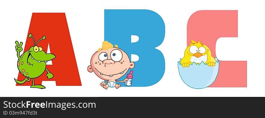 Visual Alphabet ABC With Different Cartoon Characters. Visual Alphabet ABC With Different Cartoon Characters