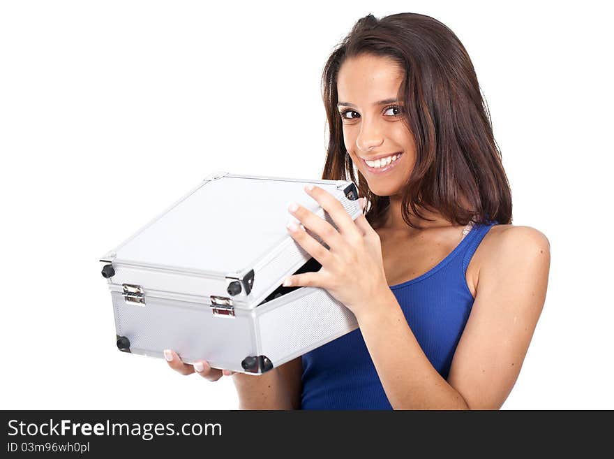 Attractive woman holding an open metal box and smiling. Attractive woman holding an open metal box and smiling