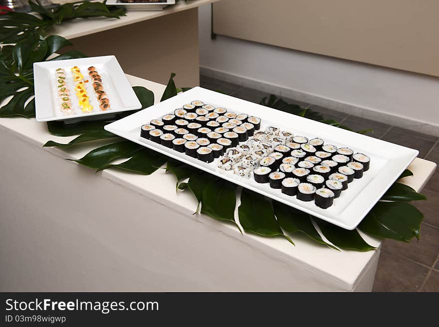 Closeup of a plate of sushi at a launch