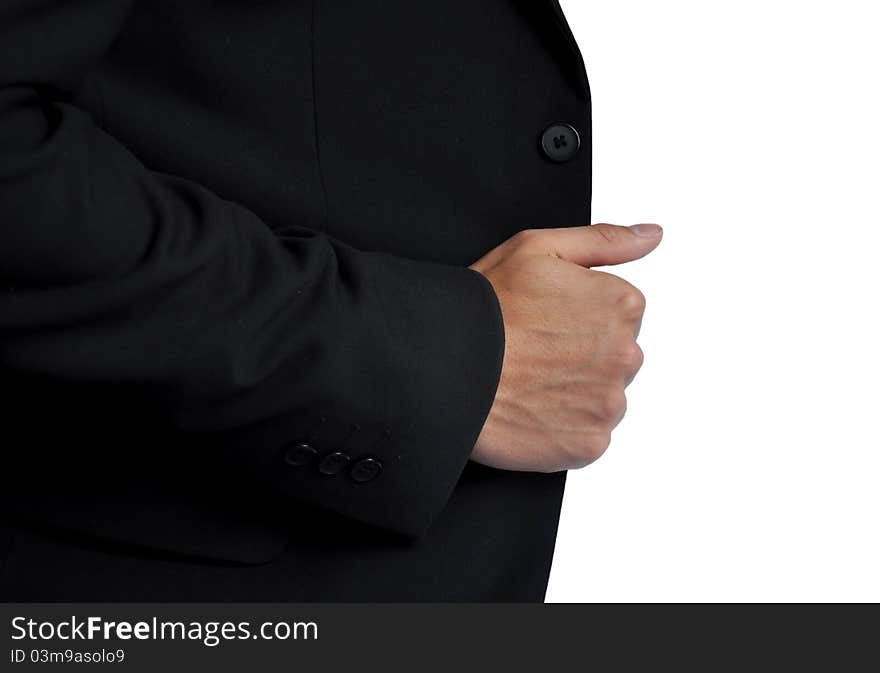 Man's hand holding masterfully his suit in a solid white background. Man's hand holding masterfully his suit in a solid white background