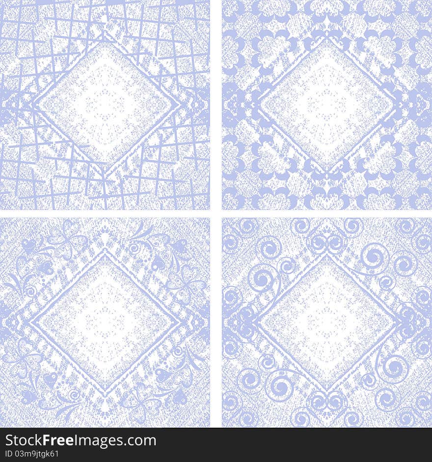 Set 4 Grungy denim floral jeans vector background.