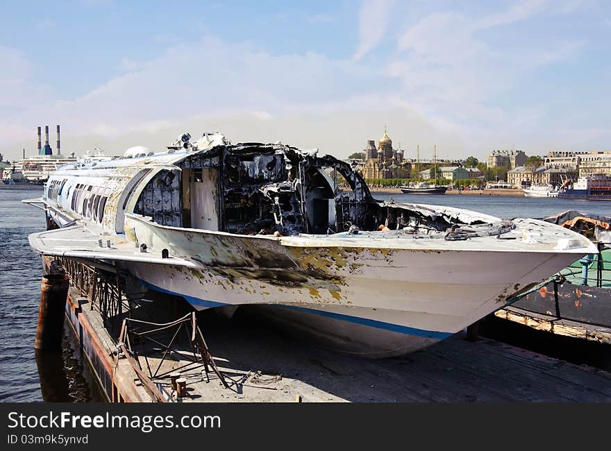 Passenger ship after fire. sea accident. Passenger ship after fire. sea accident.