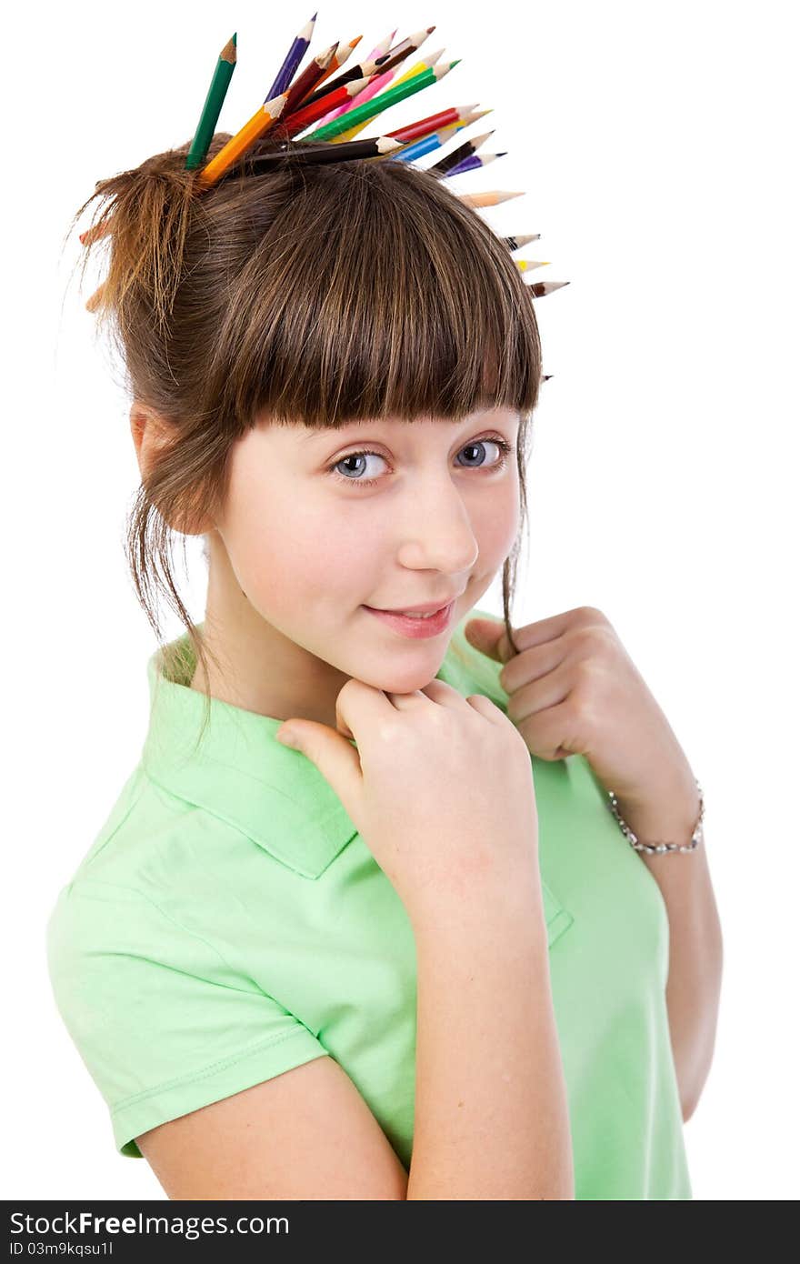 Girl with pencils isolated on a white background