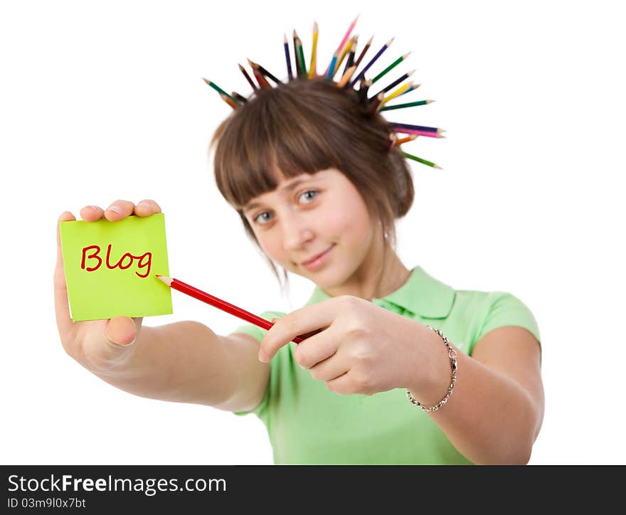 Girl with pencils isolated on a white background