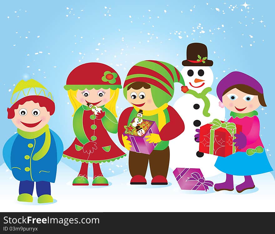 Christmas card background illustration balls ribbon snow red stars gift voucher tree snowman green gold human children tree. Christmas card background illustration balls ribbon snow red stars gift voucher tree snowman green gold human children tree