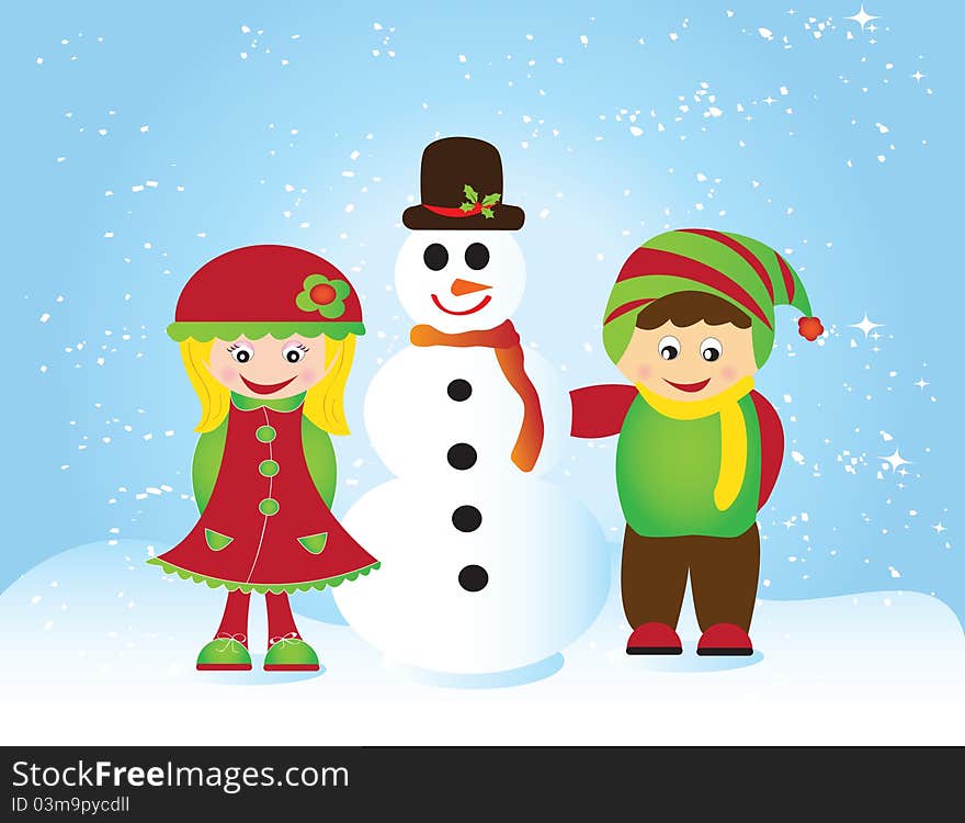 Christmas card background illustration balls ribbon snow red stars gift voucher tree snowman green gold human children tree. Christmas card background illustration balls ribbon snow red stars gift voucher tree snowman green gold human children tree