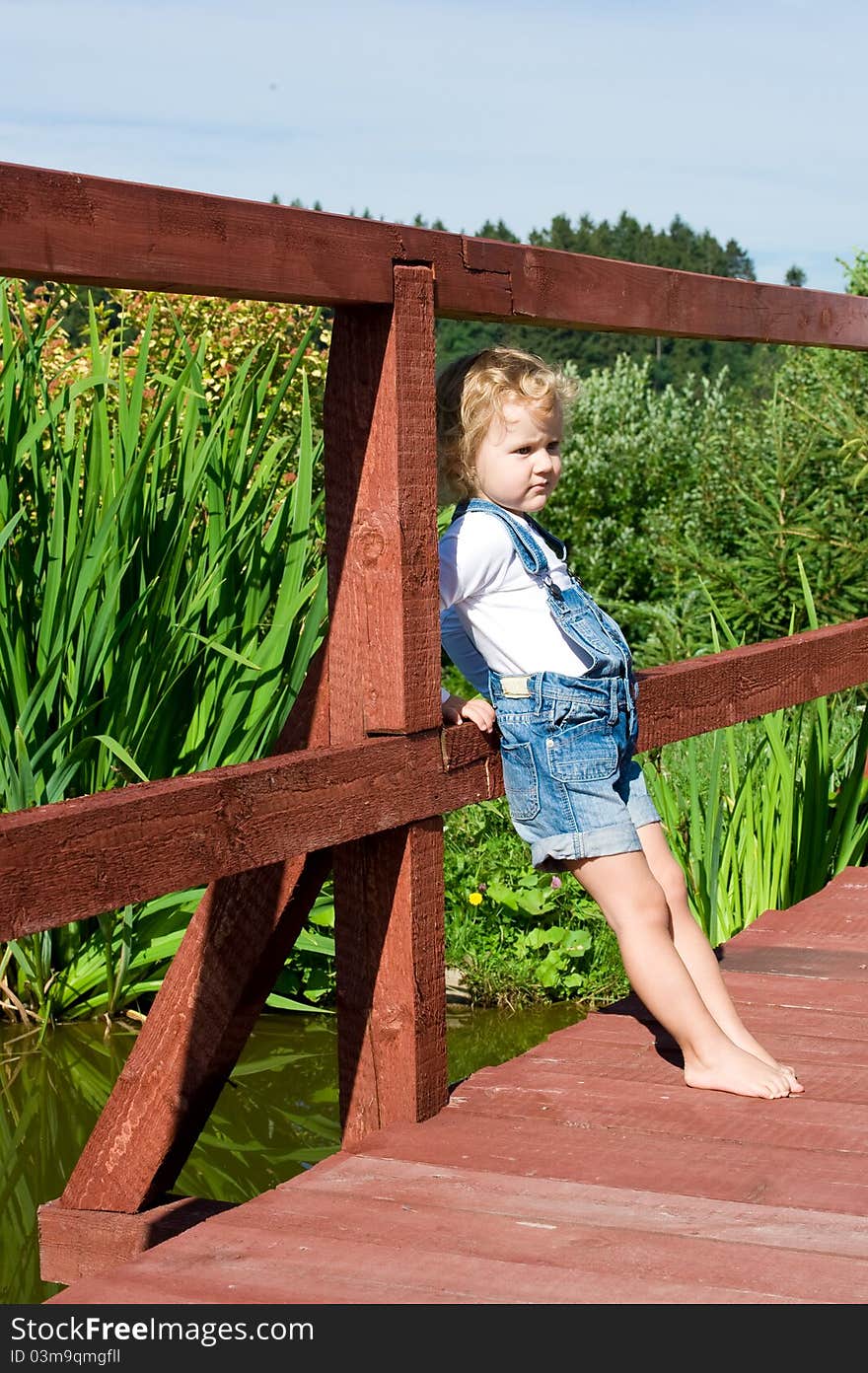 Little girl is standing on the bridge