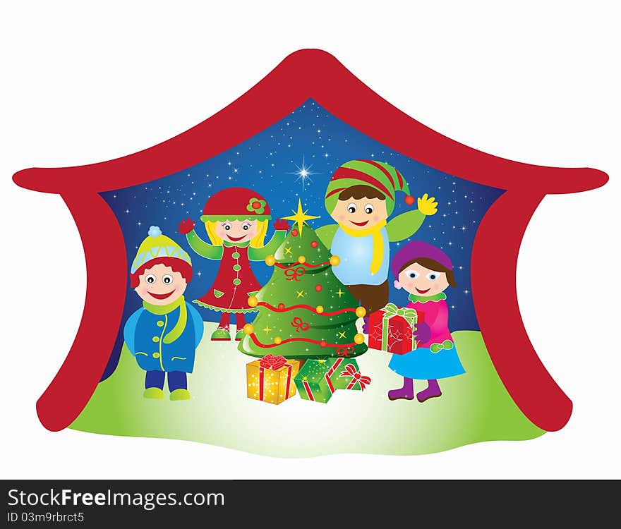 Christmas card background illustration balls ribbon snow red stars gift voucher tree snowman green gold human children tree santa claus. Christmas card background illustration balls ribbon snow red stars gift voucher tree snowman green gold human children tree santa claus