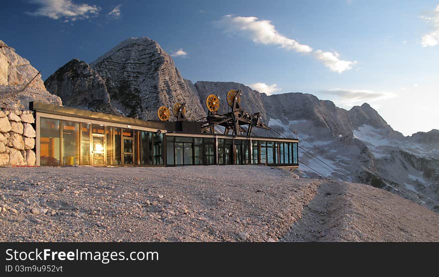 Upper station of cable way near rif Gilberti in Prevala saddle on Italian Slovenian border