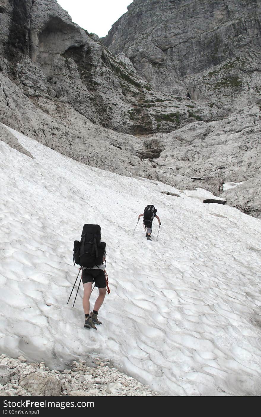 Crossin of snow field in Julian Alps