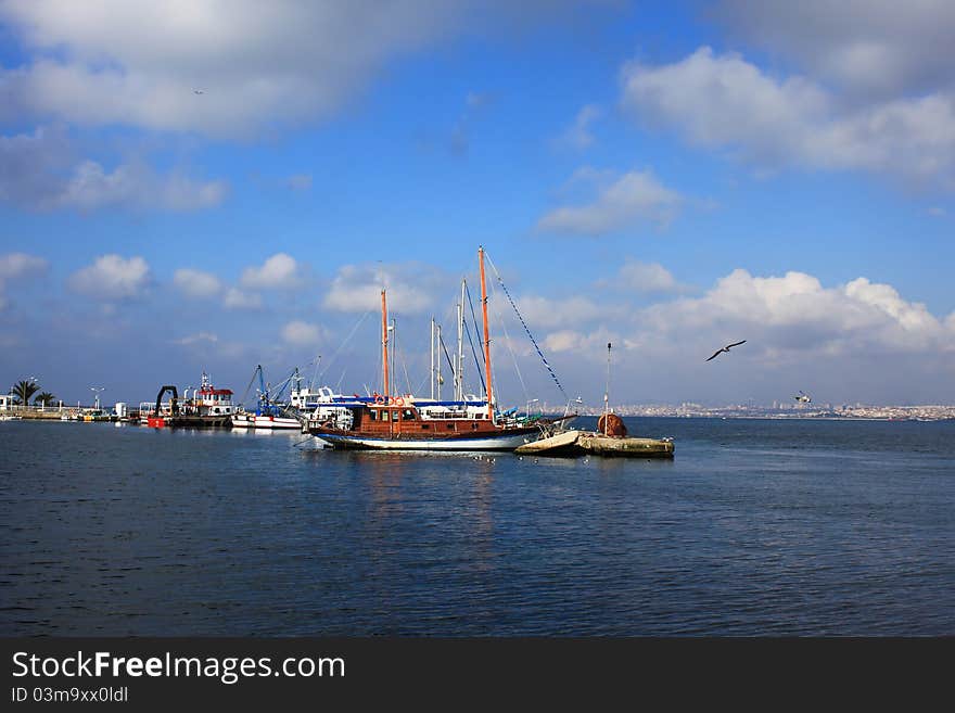 Sailboats moored in the Sea of ​​Marmara. Princes' Шslands. Near Istanbul.