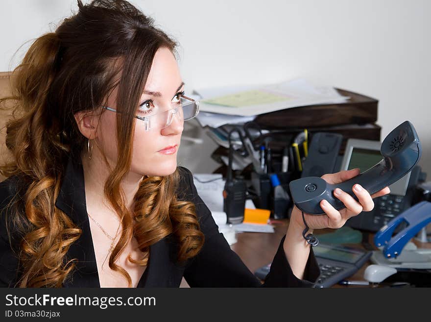 Girl With Glasses Gives Up The Phone In The Office