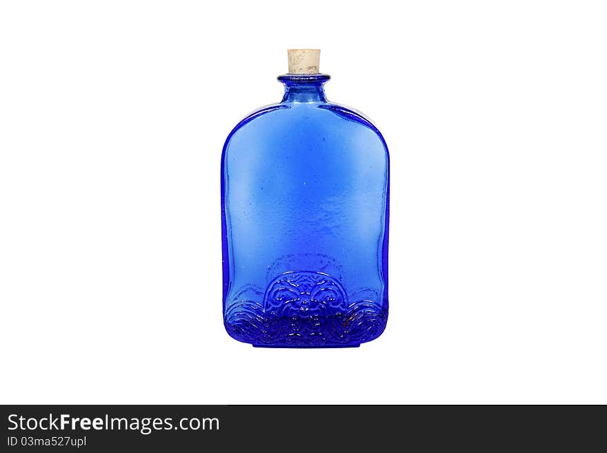 Blue medicine bottle with cork isolated on white background