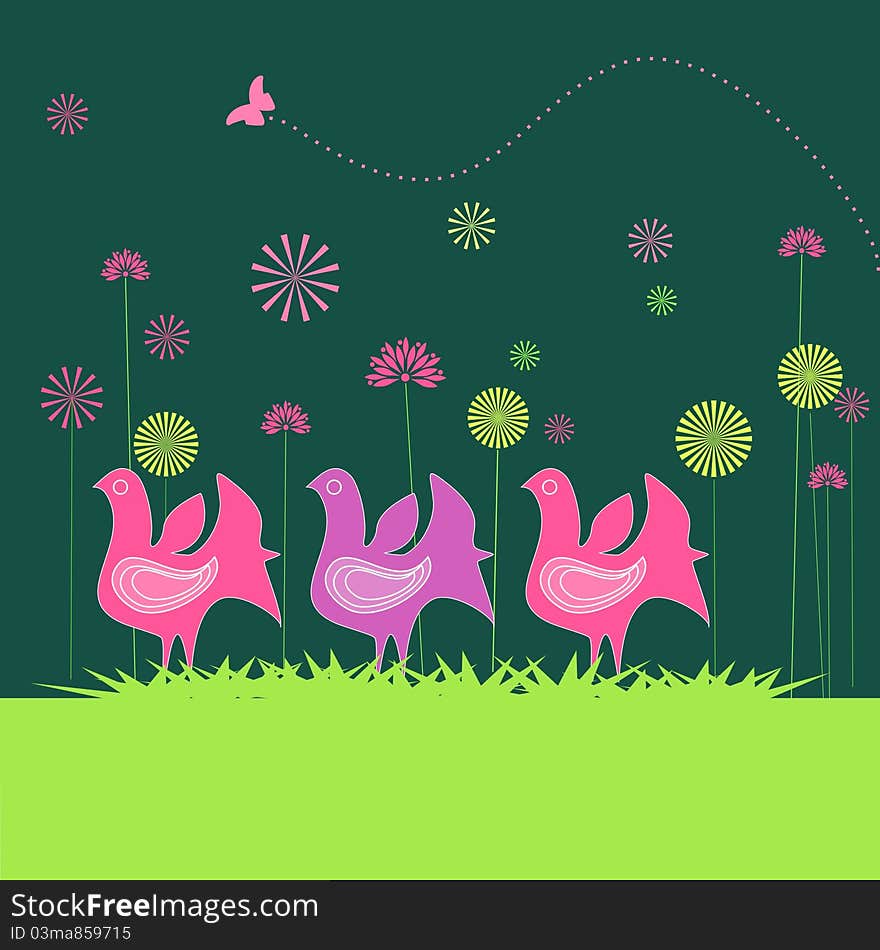 Colorful retro hen and flowers. Colorful retro hen and flowers