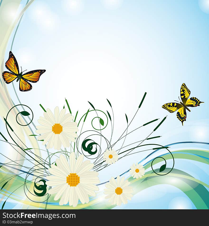 Summer background with butterflies and flowers