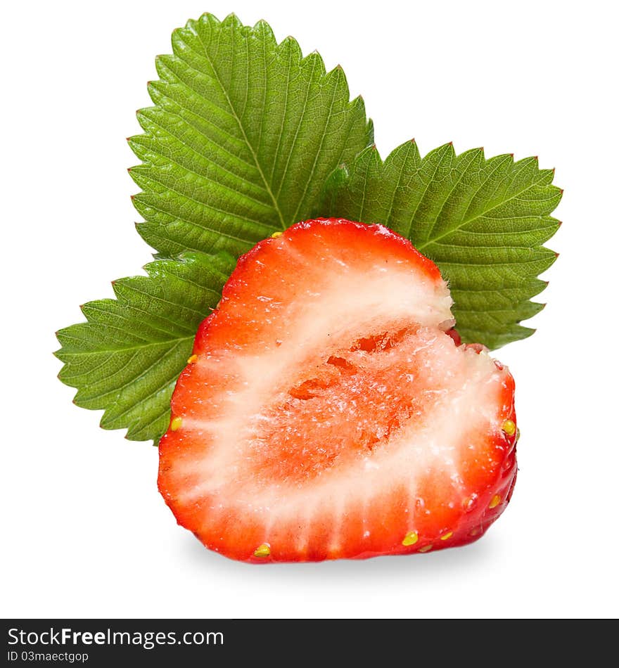 Strawberries macro with leaves isolated on white