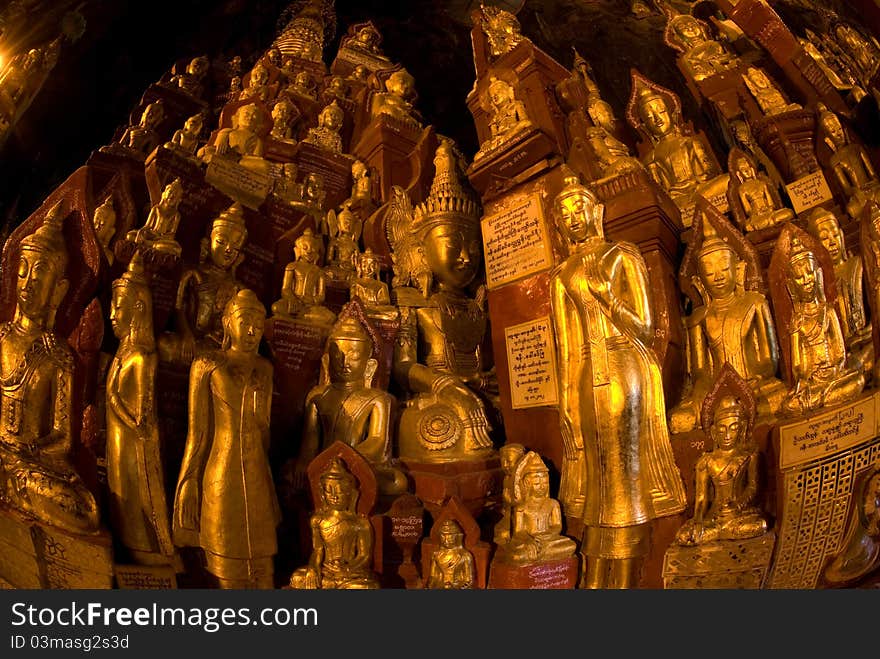 View of group  of buddhas in Pindaya cave in Myanm