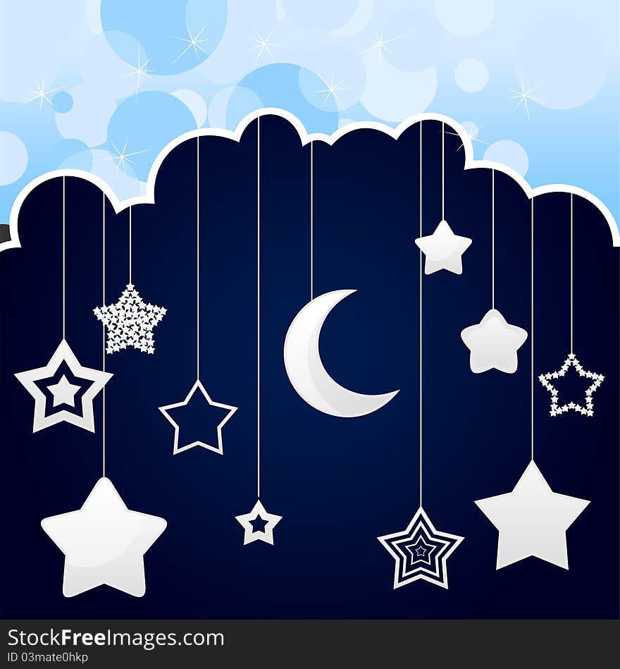 Stars and month in the night sky. A illustration