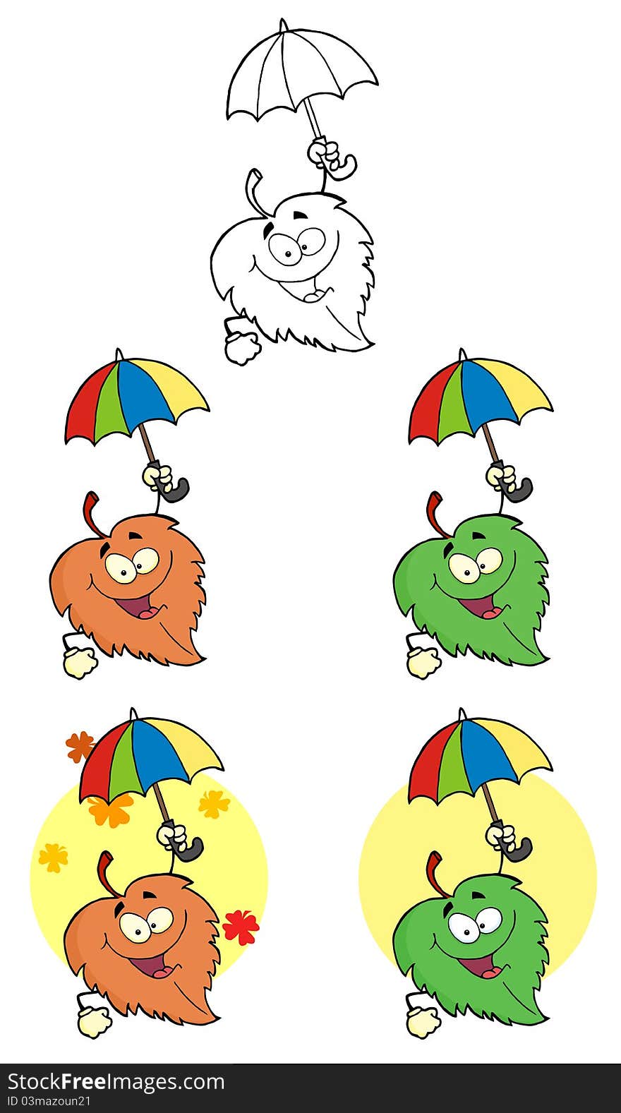 Seasonal leaves in different colors cartoon characters with umbrellas