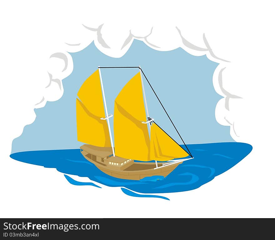 Old ship sailing across the sea by the wind power