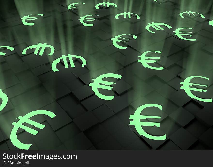 Group of glowing euro symbols