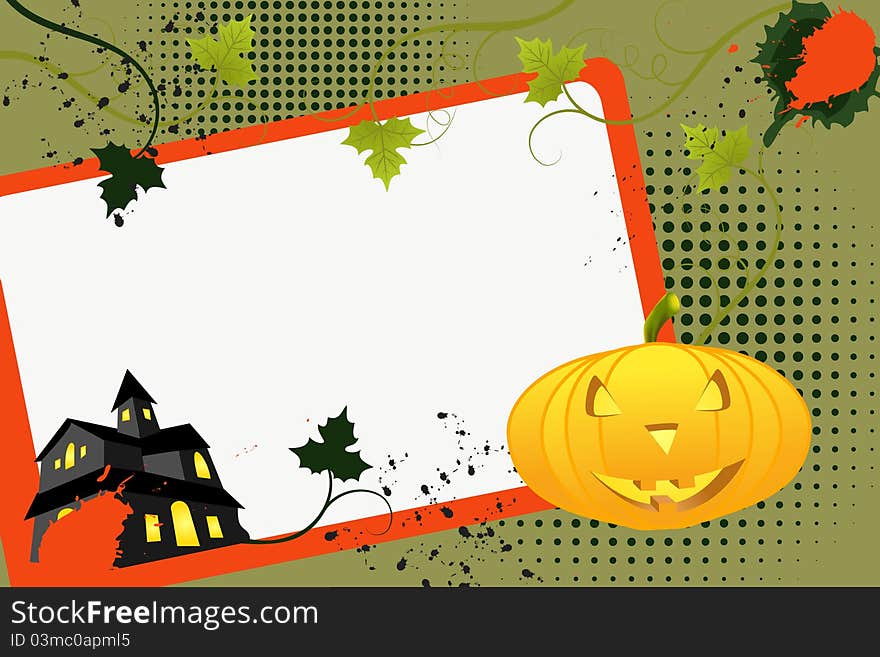 Grunge halloween background with scroll, leaf, pumkin and house, vector illustration