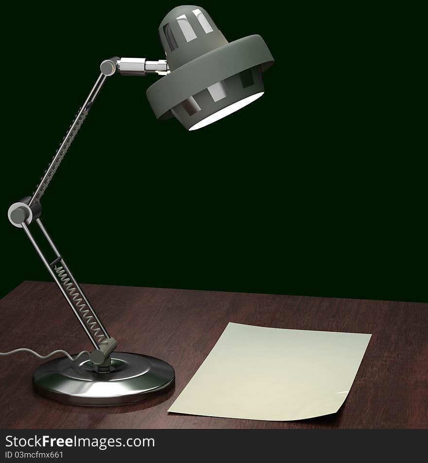 Metalic gray table lamp on the table with a sheet of paper