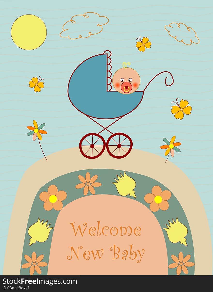 Greeting card with a baby in the pram. Greeting card with a baby in the pram