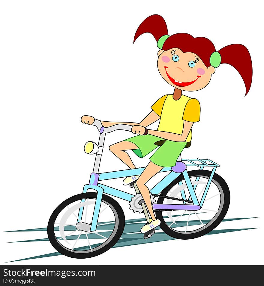 Smiling girl is riding her bike isolated over white. Smiling girl is riding her bike isolated over white