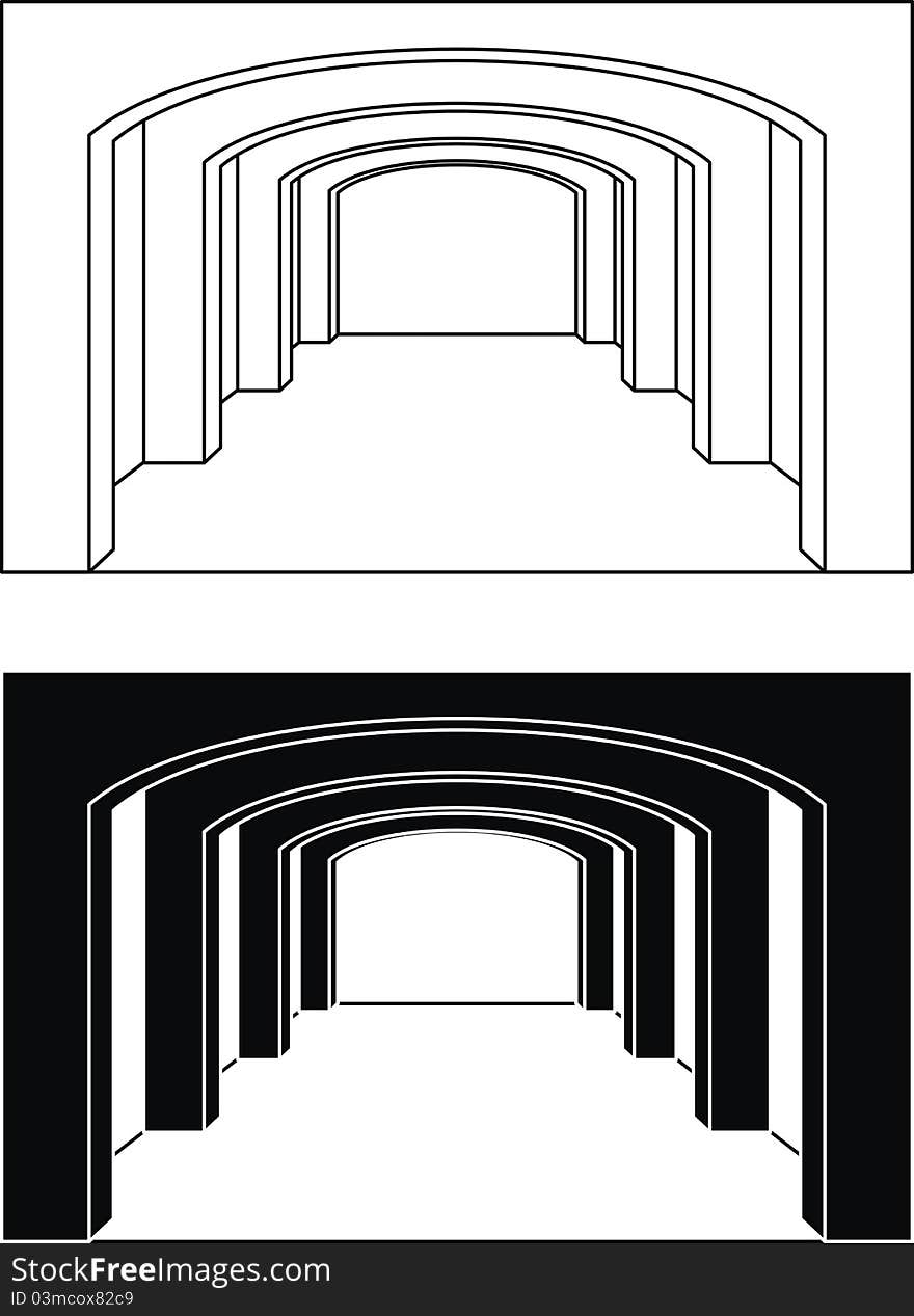 Set of architectural element - Colonnade (enfilade) with archs, ancient temple: contour, silhouette, black and white vector isolated illustration, white background