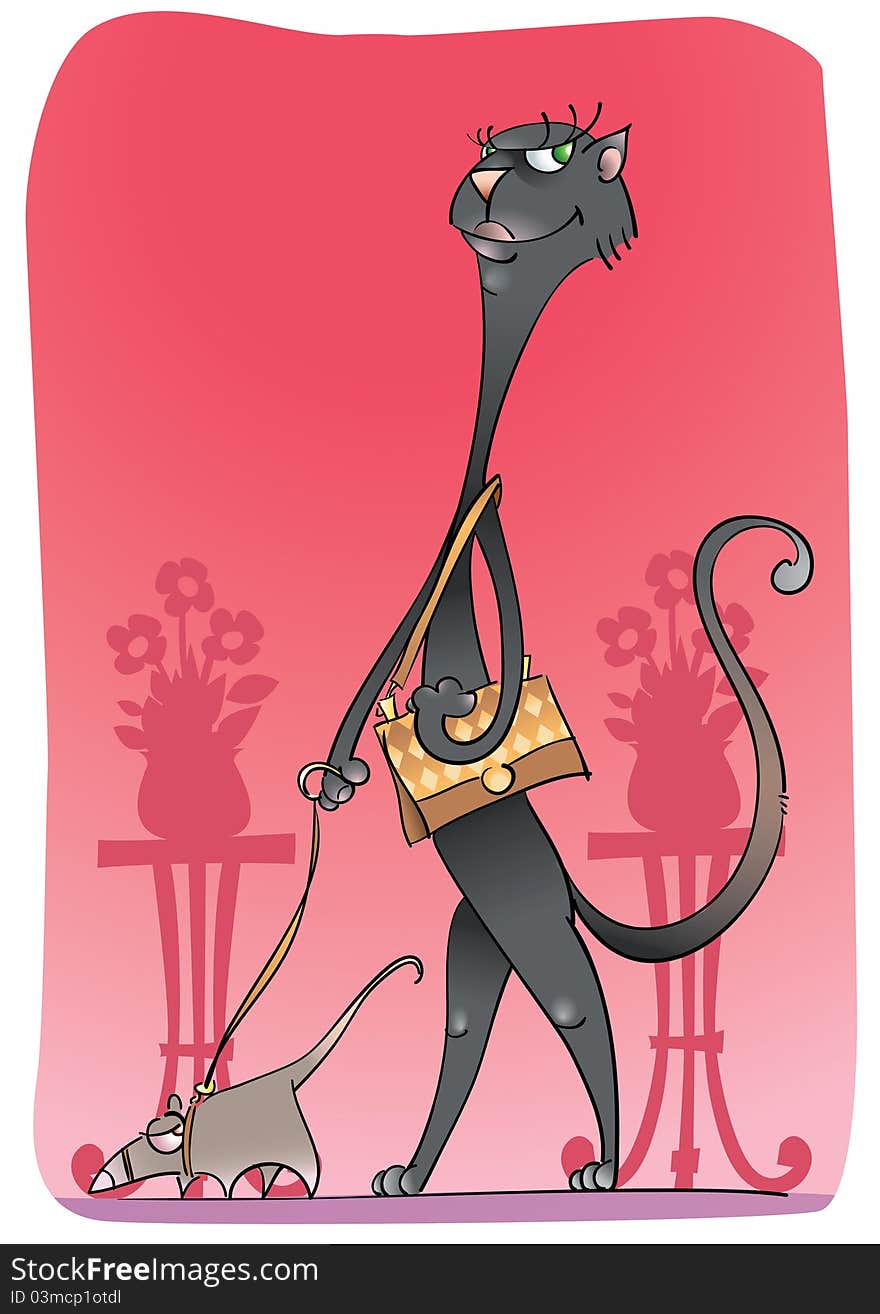 An elegant black cat with rat