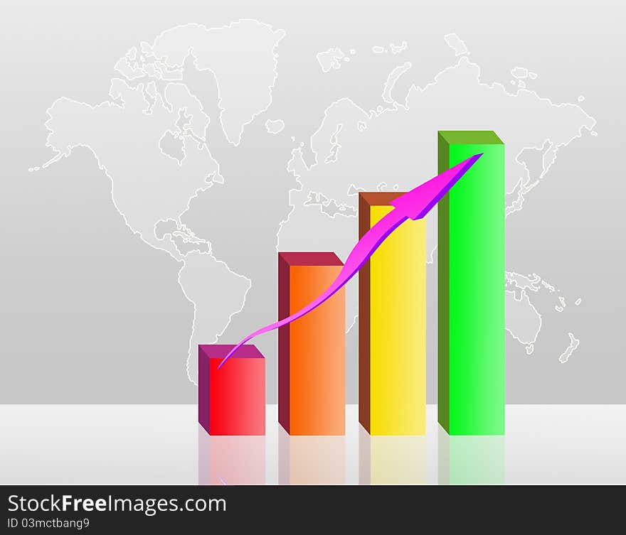 Colorful business Bar chart illustration on a world map background