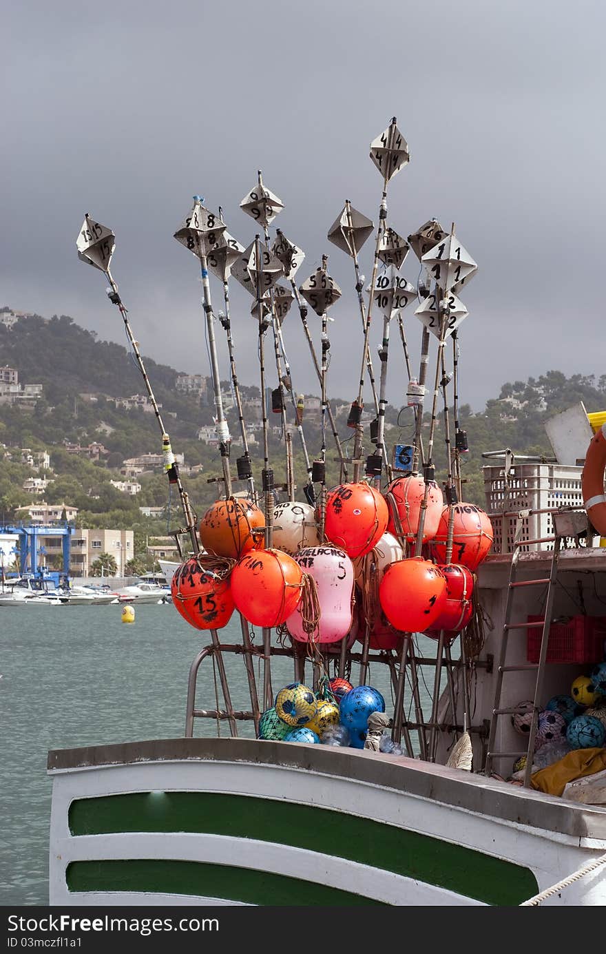 Markers on a boat for tuna fishing in The Mediterranean Sea outside Majorca, Spain. Markers on a boat for tuna fishing in The Mediterranean Sea outside Majorca, Spain.