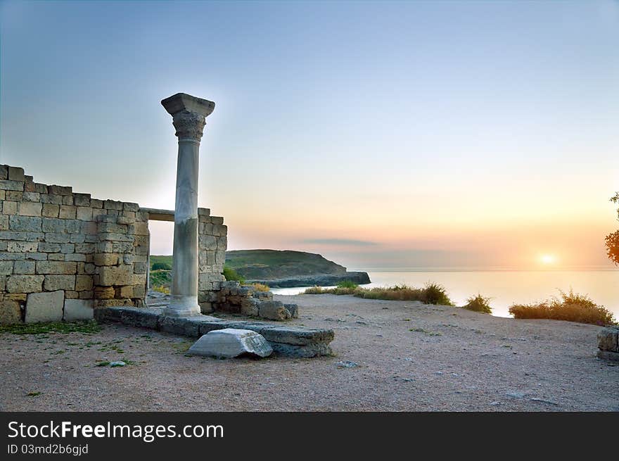 Ruins on sunset. Nature composition.