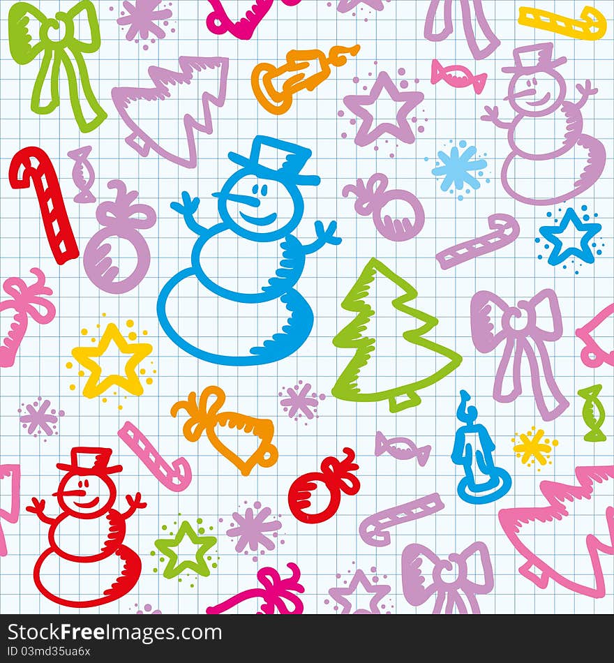 Christmas colorful seamless pattern with hand drawn elements. Christmas colorful seamless pattern with hand drawn elements