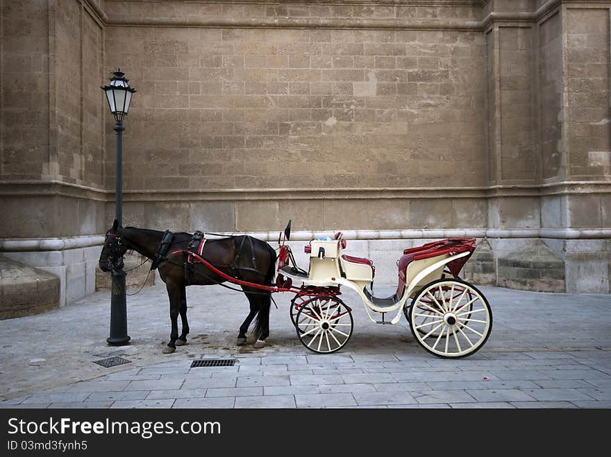 The carriage stop near Palma de Majorca town Cathedral in Spain. The carriage stop near Palma de Majorca town Cathedral in Spain.