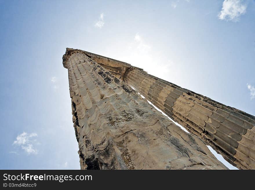 Ancient columns of Dydima, against a blue sky. Ancient columns of Dydima, against a blue sky