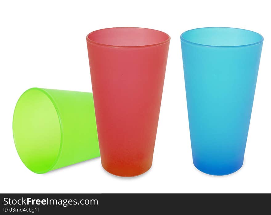 Three plastic cups on white background. Three plastic cups on white background