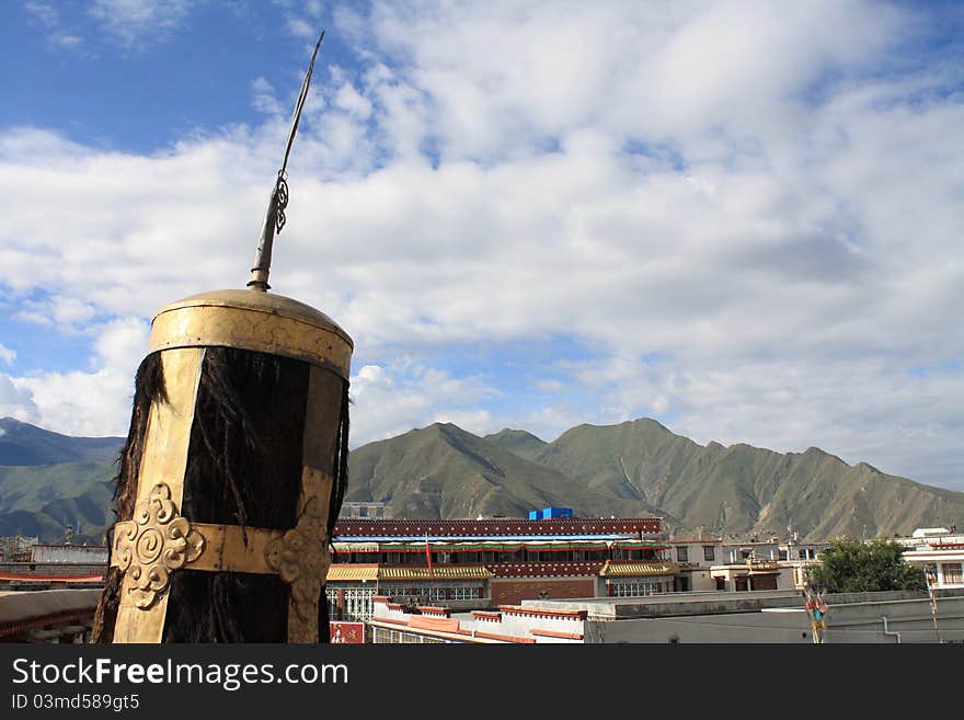 Tibetan Religious Symbol overlooking Lhasa