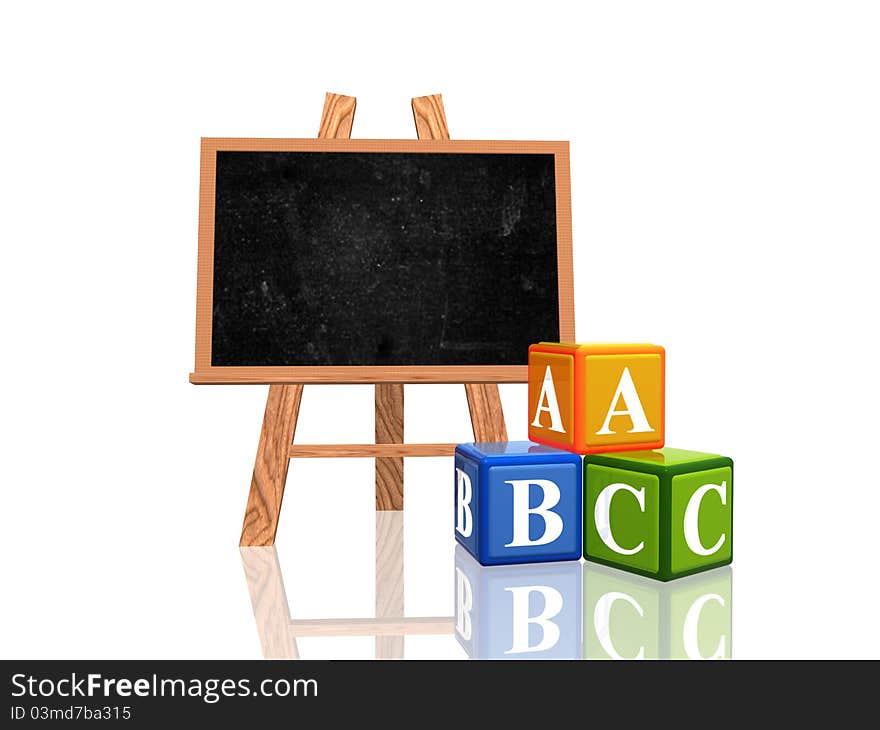 3d wooden blackboard with cubes with letters - abc. 3d wooden blackboard with cubes with letters - abc