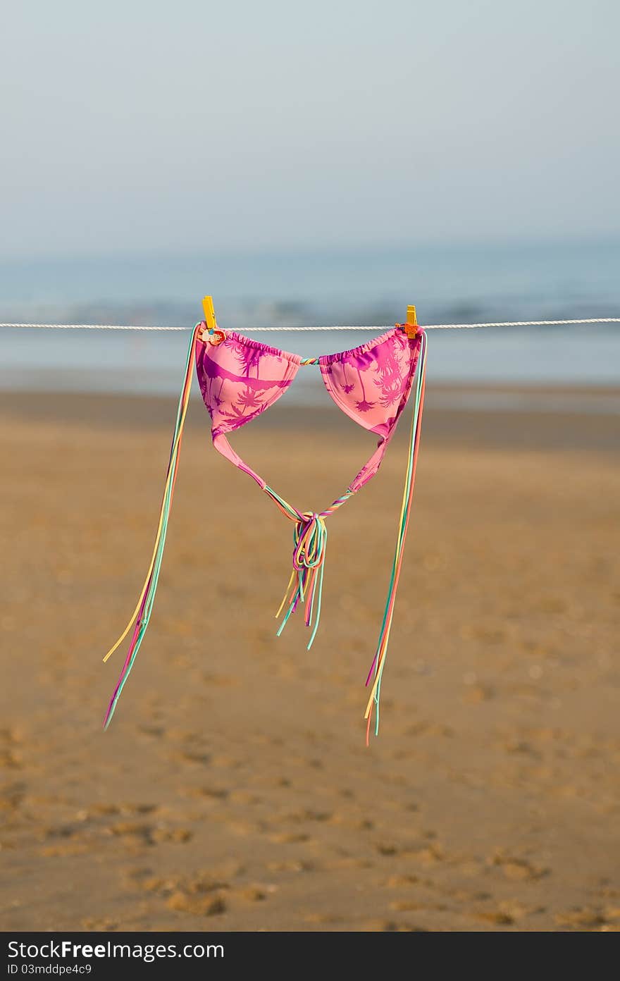 Bikini is drying on a line ocean in background