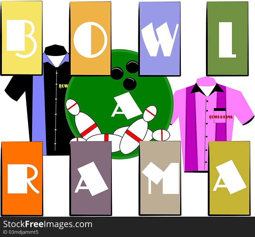 Bowling illustration with bowl a Rama text and ball,pins,and shirts