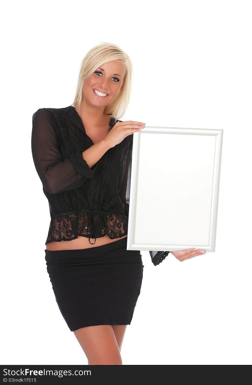 Beautiful woman holding a white sign. Beautiful woman holding a white sign