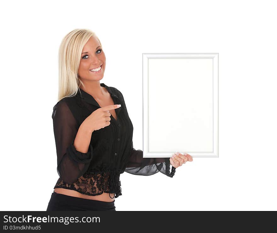 Beautiful woman holding a white sign. Beautiful woman holding a white sign