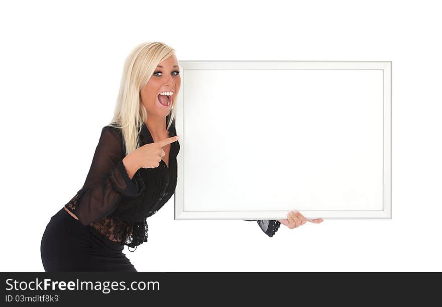 Beautiful woman holding a white sign. Beautiful woman holding a white sign