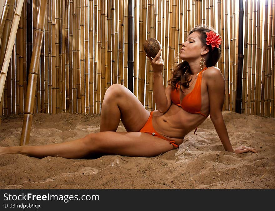 Beautiful girl with a red flower in long hair in an orange bikini on the sunny beach. She is isolated on a bamboo background. Beautiful girl with a red flower in long hair in an orange bikini on the sunny beach. She is isolated on a bamboo background