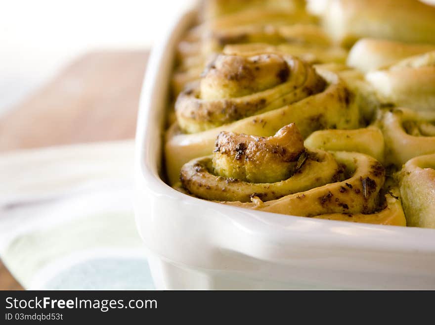 Bread yeast rolls filled with pesto sauce